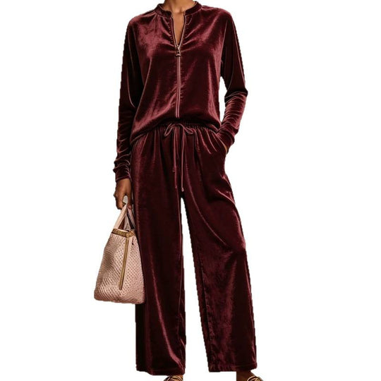 Damen Samt-Lounge-Set mit Stehkragen, Halbreißverschluss und weitem Palazzohose Shop Nory