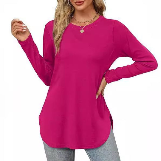 Damen Lässiges Longsleeve-Tunikaoberteil mit Rundhalsausschnitt, Seitenschlitzen und Aquarell-Blattprint Shop Nory