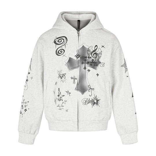 Unisex Bedruckte Kapuzen‑Zipjacke im lässigen Boxy‑Cut mit durchgehendem Reißverschluss Shop Nory
