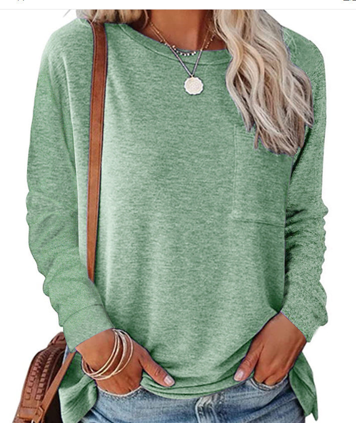 Damen lässiges Langarmshirt mit Taschen und Rundhalsausschnitt