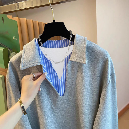 Damen Oversized Sweatshirt mit Hemdkragen-Optik und gestreiften Manschetten Shop Nory