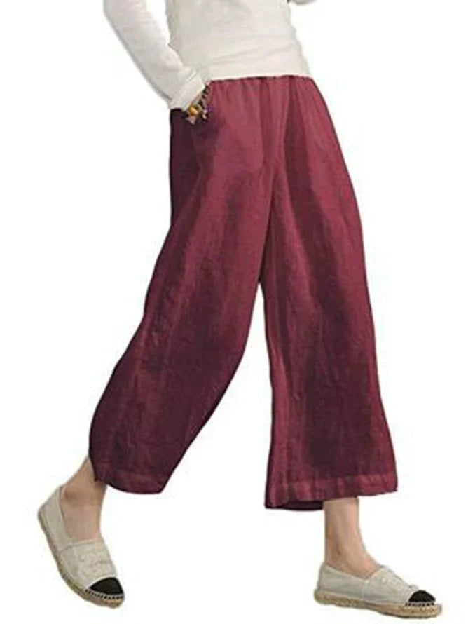 Damen weite Leinenhose mit seitlichen Taschen und elastischem Bund