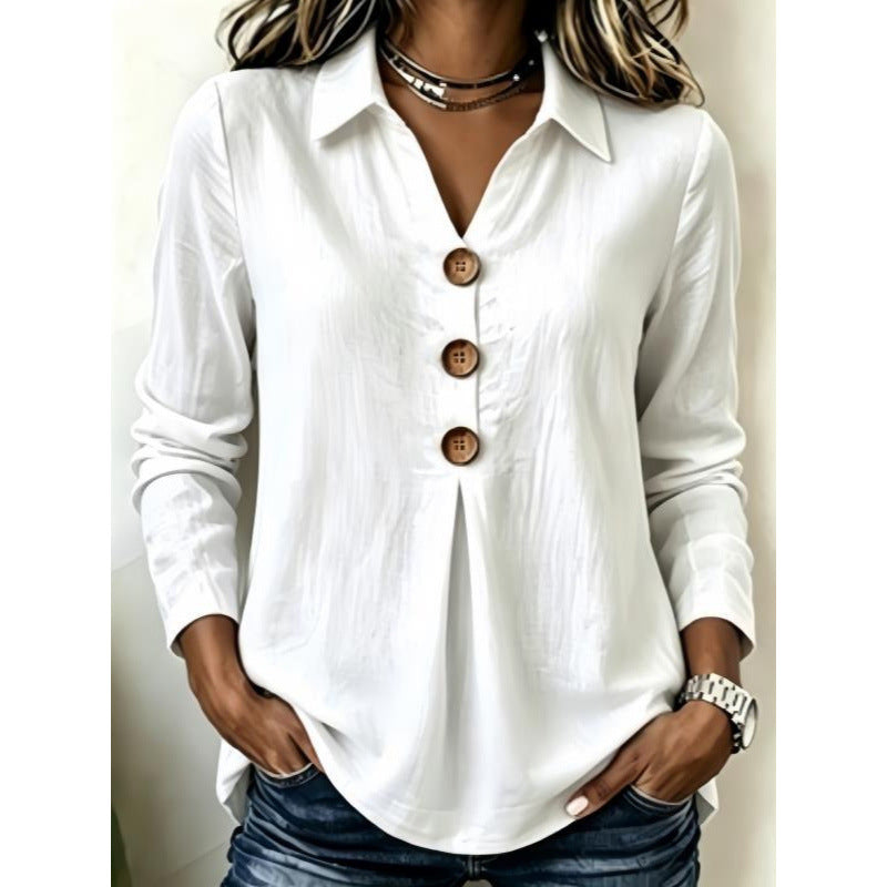 Damen Langarm-Bluse mit Holzknopfleiste und Vorderfalte Shop Nory