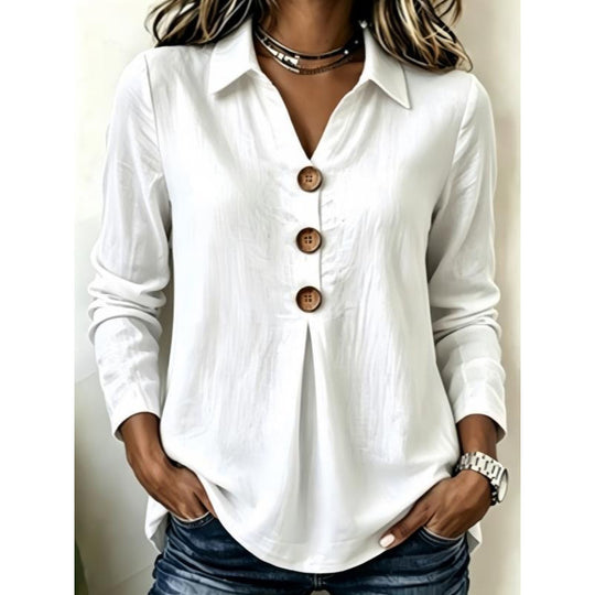 Damen Langarm-Bluse mit Holzknopfleiste und Vorderfalte Shop Nory