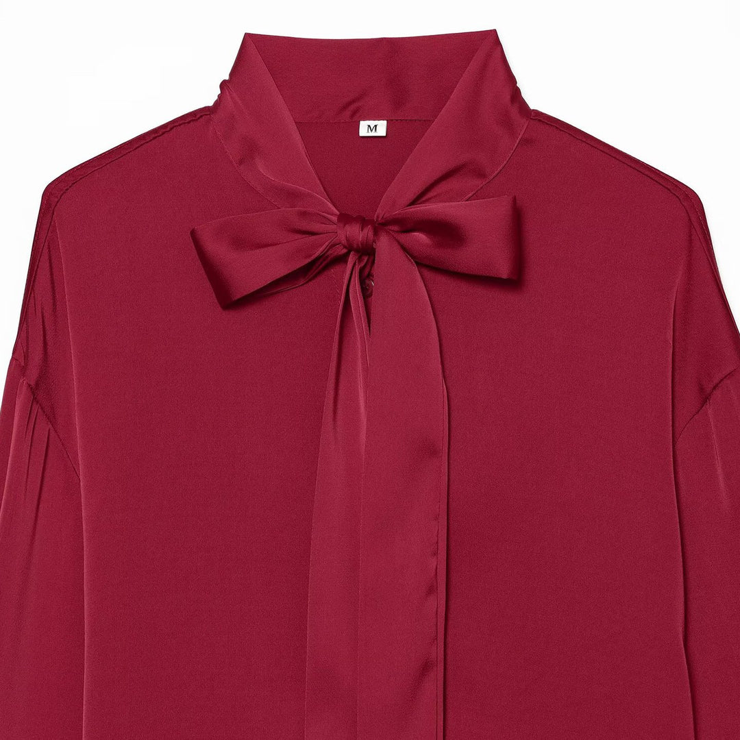 Damen Seidenähnliche Bluse mit Bindeschleife, Oversize-Schnitt und verdeckter Knopfleiste Shop Nory
