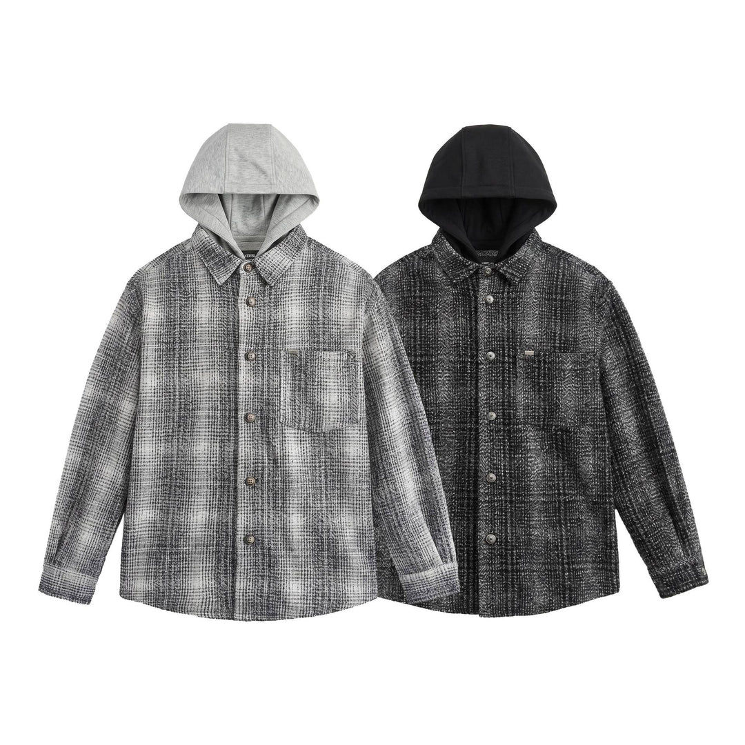 Herren Kapuzen-Overshirt im Wollmix mit Karomuster und aufgesetzter Brusttasche Shop Nory