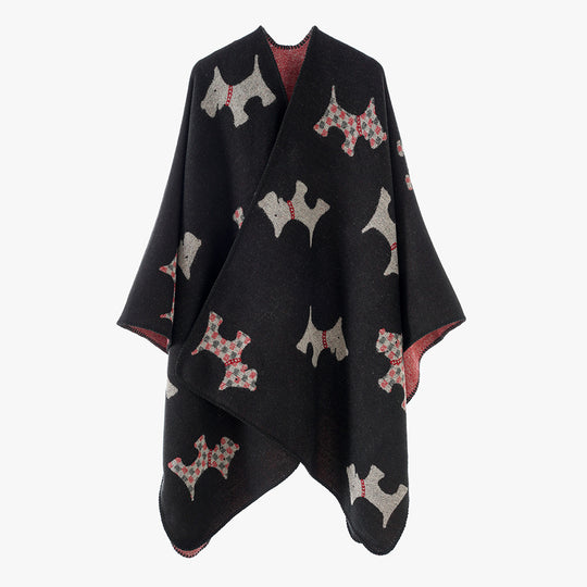 Damen Jacquard-Cape mit Hunde‑Motiv, doppelseitiger Wollmix und offenem Wasserfall‑Schnitt Shop Nory