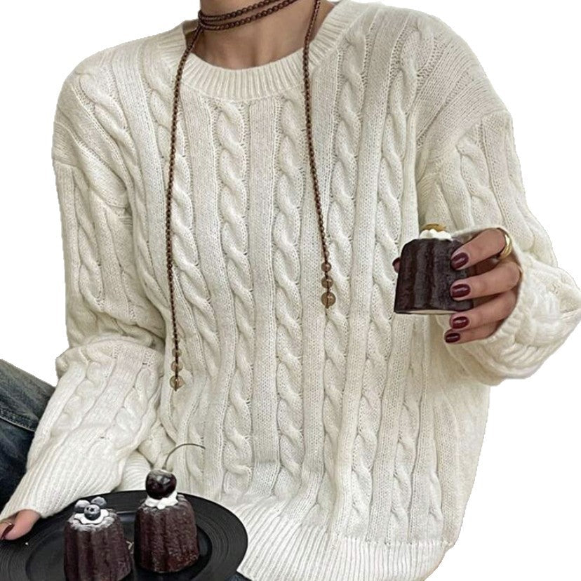 Damen Grobstrickpullover mit Zopfmuster und weiten Ärmeln