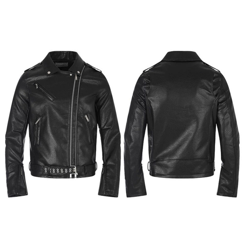 Herren taillierte Bikerjacke aus Kunstleder mit asymmetrischem Reißverschluss und Nieten-Taillengürtel Shop Nory