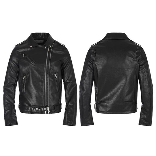 Herren taillierte Bikerjacke aus Kunstleder mit asymmetrischem Reißverschluss und Nieten-Taillengürtel Shop Nory