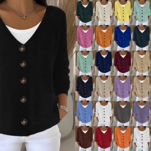 Damen Lockerer V-Ausschnitt Feinstrick-Cardigan mit Holzknopfleiste Shop Nory