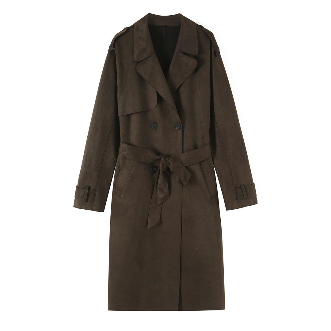 Damen Lang geschnittener Trenchcoat aus Velourslederoptik mit Bindegürtel Shop Nory