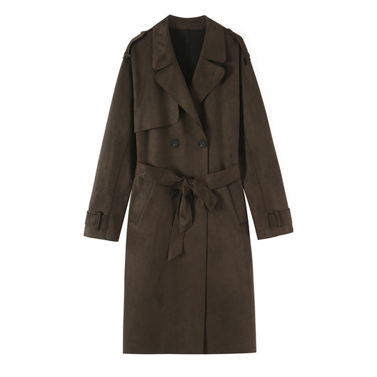 Damen Lang geschnittener Trenchcoat aus Velourslederoptik mit Bindegürtel Shop Nory