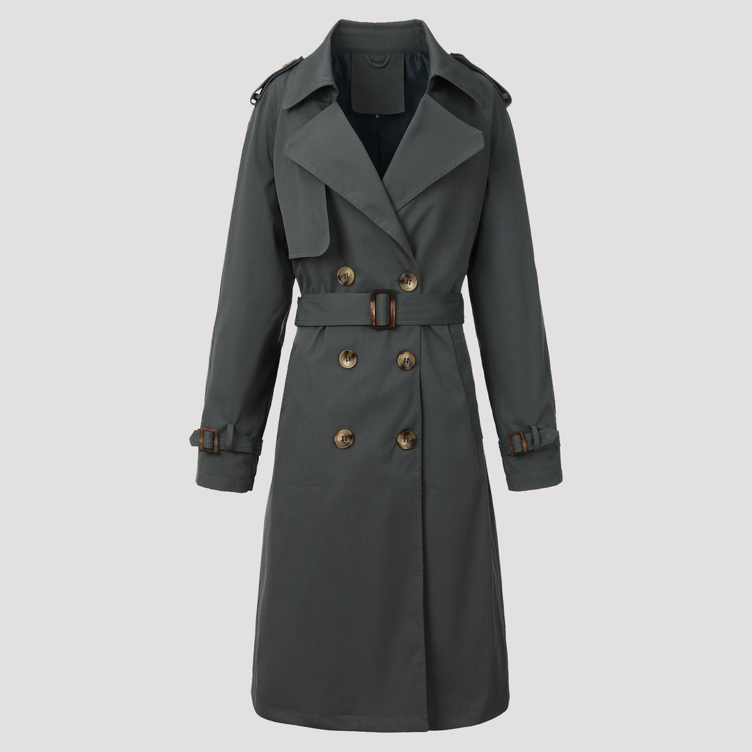 Damen Klassischer taillierter Doppelreihiger Trenchcoat mit Bindegürtel und Schulterklappen Shop Nory