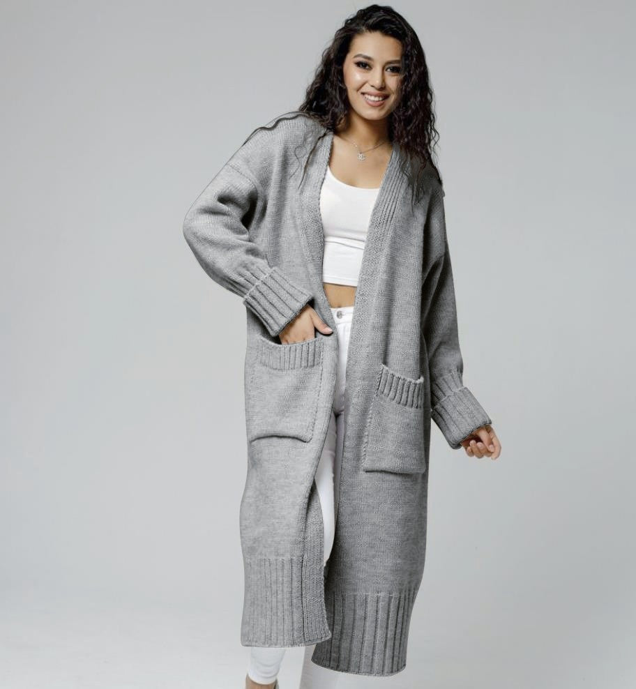 Damen bequemer langer Strickcardigan mit Taschen und breiten Ärmeln