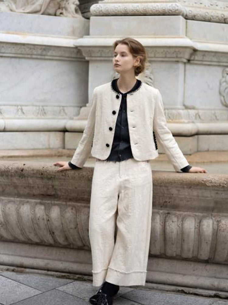Damen Zweiteiliges Bouclé-Set mit Kurzjacke, kontrastiertem Rundhalsausschnitt und weitem Culotte-Hosenbein Shop Nory