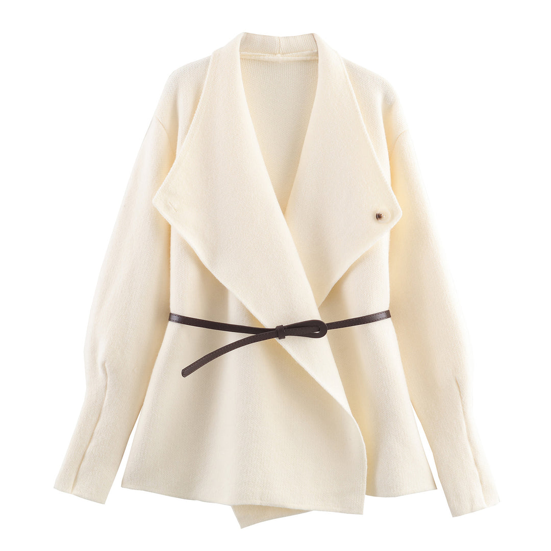 Damen Kurzgeschnittener Wollmix-Cardigan-Mantel mit weitem Schalkragen und schmalem Bindegürtel Shop Nory