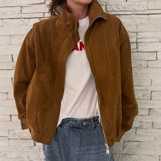 Damen Oversize Veloursleder-Blouson mit hohem Stehkragen und Metallreißverschluss Shop Nory