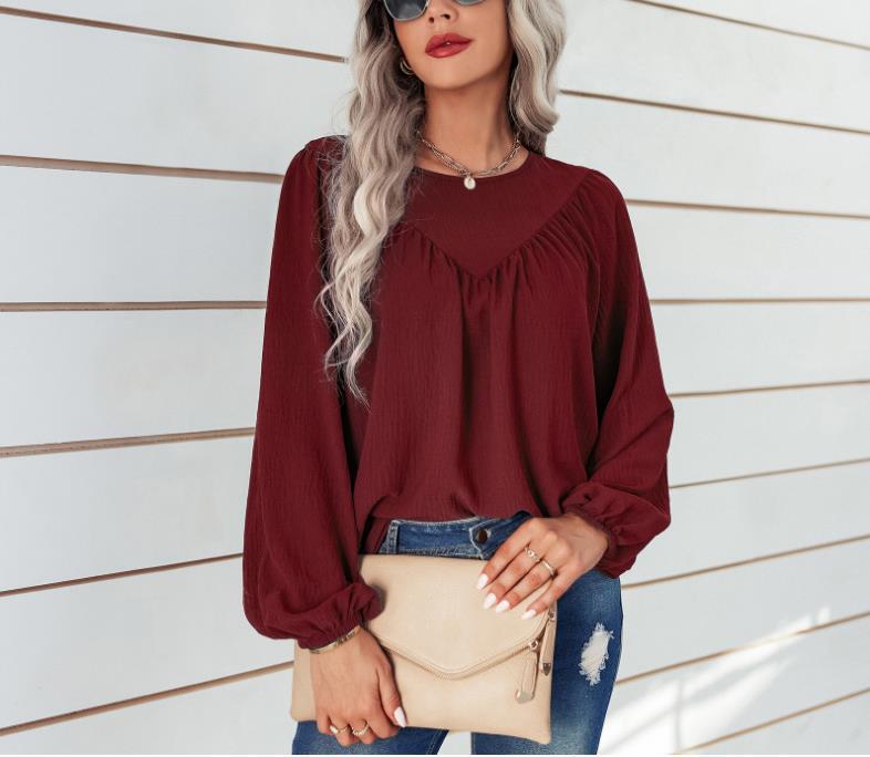 Damen Lässiges Viskose-Blusenshirt mit Rundhals und Ballonärmeln Shop Nory