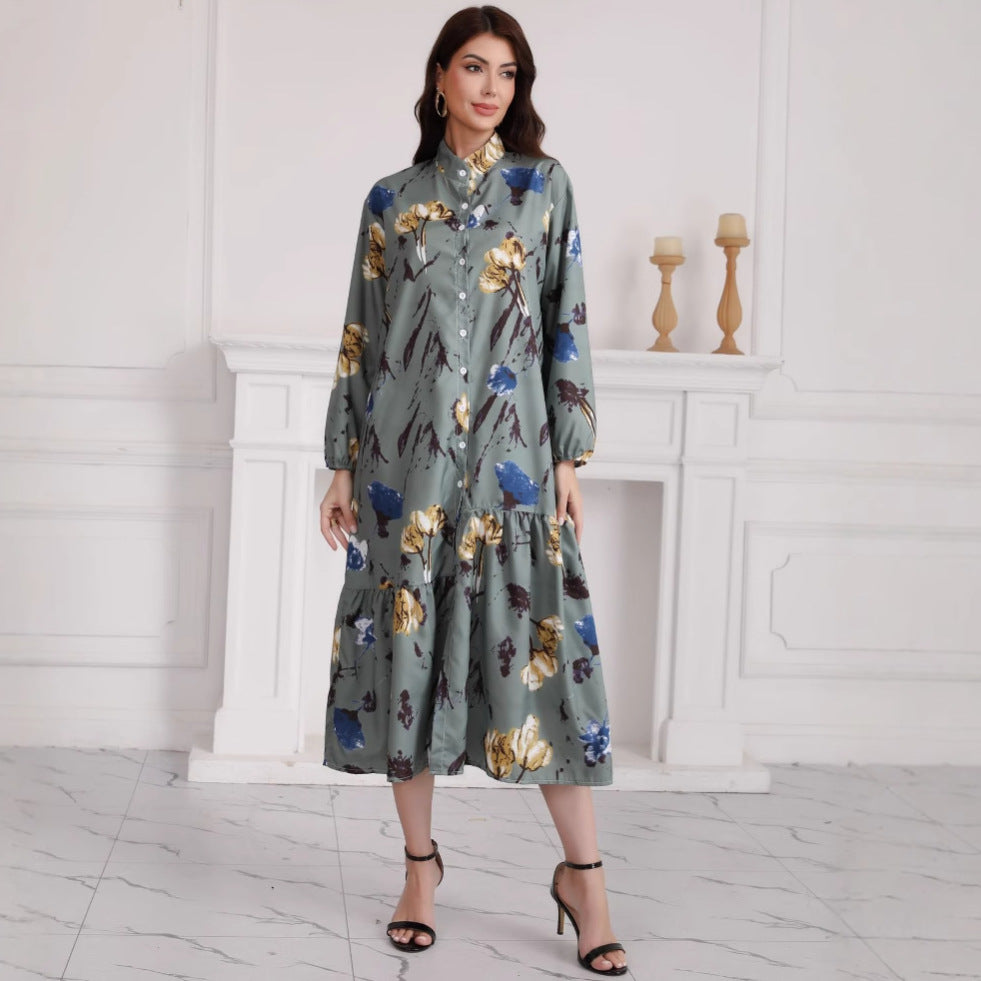 Damen Hemdblusenkleid mit Aquarell-Blumenprint, Stehkragen & Stufenrock Shop Nory