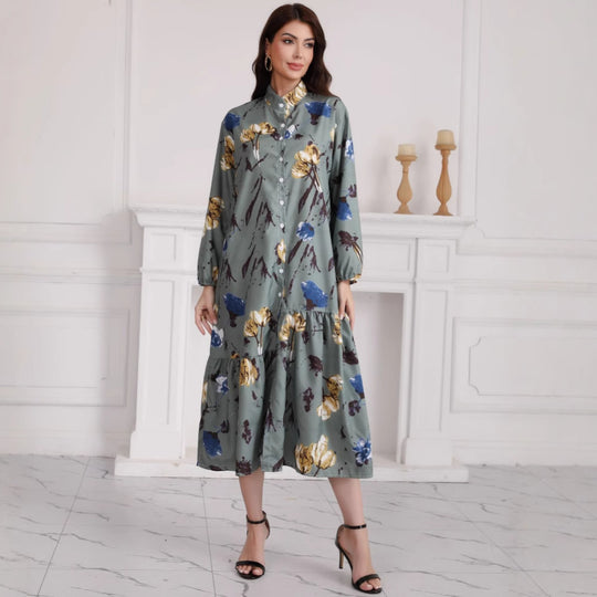 Damen Hemdblusenkleid mit Aquarell-Blumenprint, Stehkragen & Stufenrock Shop Nory