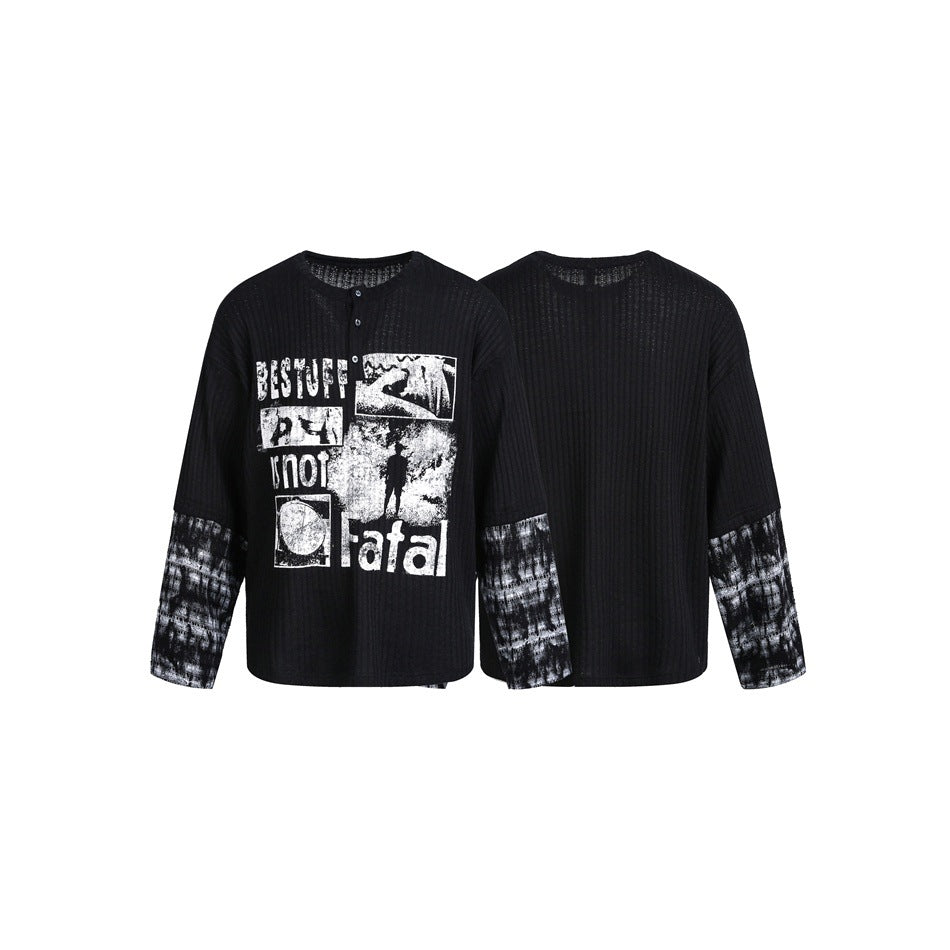 Herren Langarm-Rippstrick-Shirt mit Henley-Knopfleiste und kontrastierendem Grafikprint Shop Nory