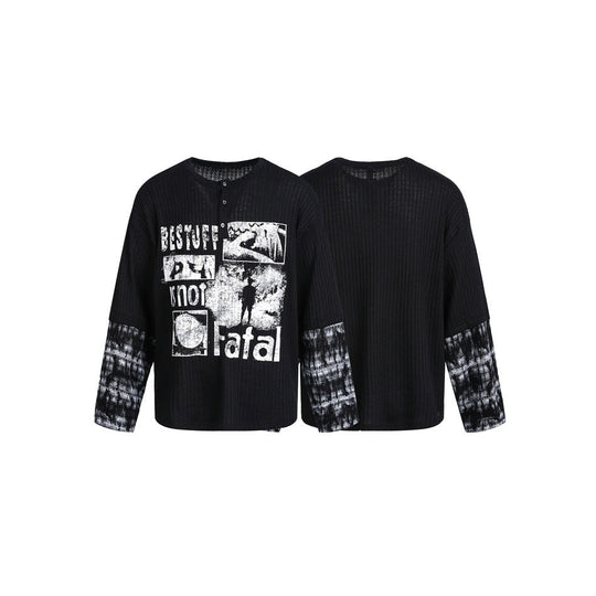 Herren Langarm-Rippstrick-Shirt mit Henley-Knopfleiste und kontrastierendem Grafikprint Shop Nory