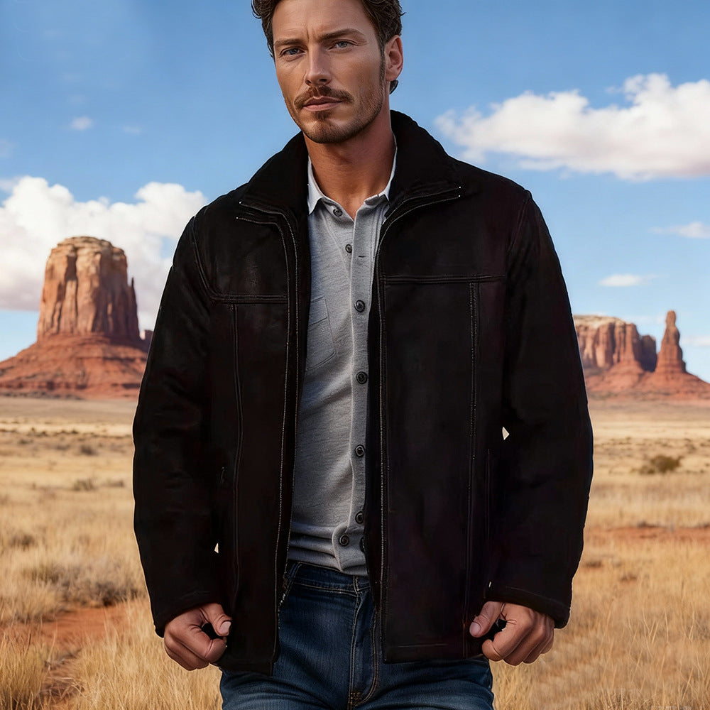 Herren Kurze Wildleder-Fieldjacke mit Stehkragen, verdecktem Reißverschluss und markanten Ziernähten Shop Nory