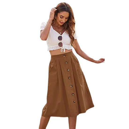 Damen Midi-Rock mit Knopfleiste und praktischen Taschen