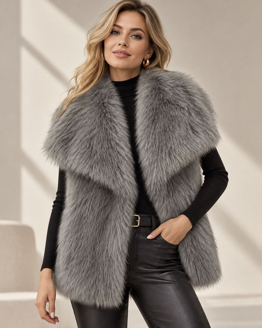 Damen Ärmellose Hochflor‑Kunstfellweste mit voluminösem Schalkragen und Eingrifftaschen Shop Nory