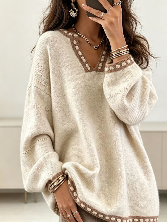 Damen Oversize V-Ausschnitt Strickpullover mit kontrastierender Punktbordüre und Ballonärmeln Shop Nory