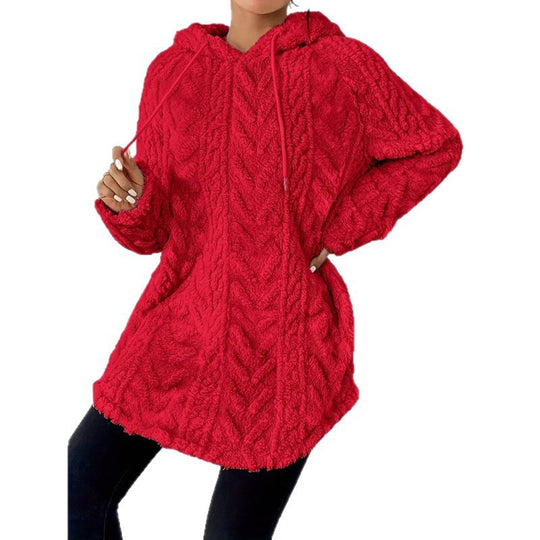 Damen Kuscheliger Teddy-Hoodie mit Zopfmuster Tunnelzug und gerundetem Saum Shop Nory