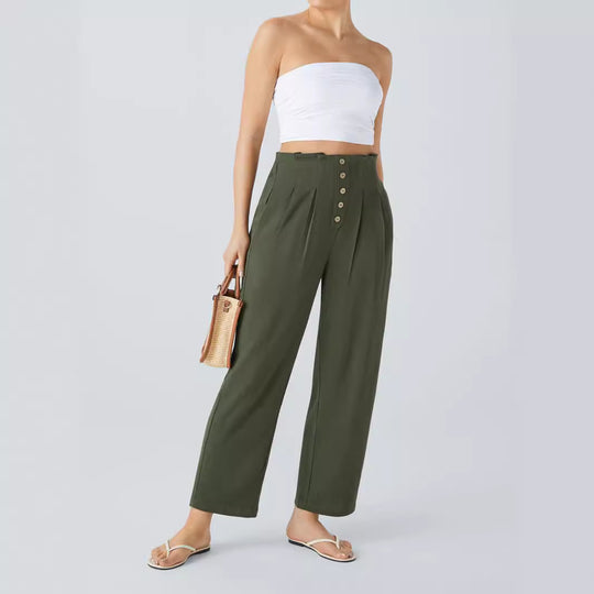 Damen Hochtaillierte Bundfalten-Leinenhose mit dekorativer Knopfleiste Shop Nory