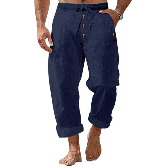 Herren nan lockere Leinen-Baumwoll-Hose mit elastischem Bund, Kordelzug und aufgekrempeltem Saum