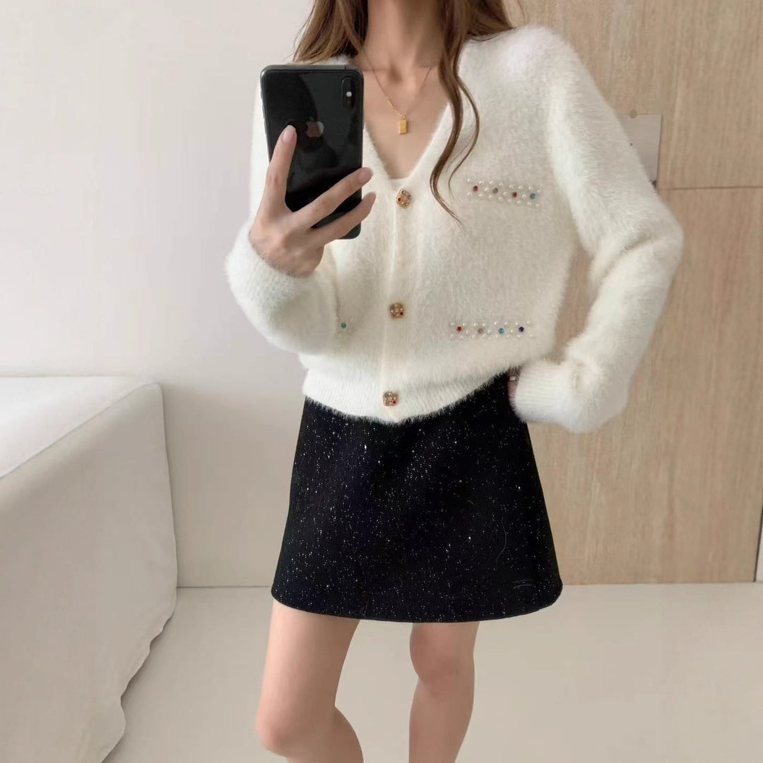 Damen Verspielter V-Ausschnitt Cardigan mit Perlen Shop Nory