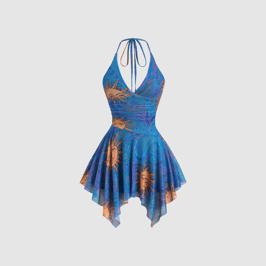 Damen lässiges Strandkleid mit asymmetrischem Saum und raffiniertem Druck