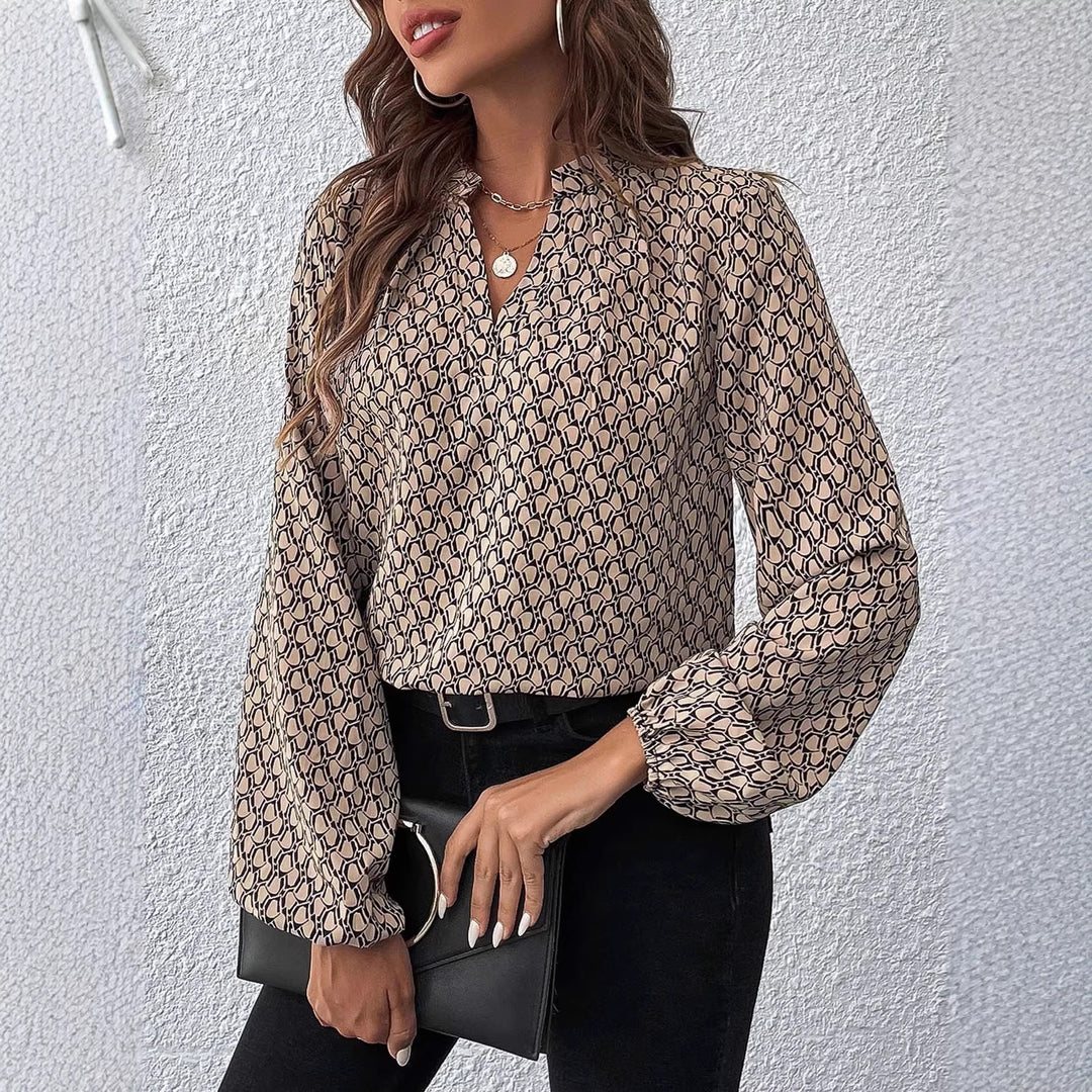 Damen Gemusterte Viskose-Bluse mit Stehkragen und Ballonärmeln Shop Nory