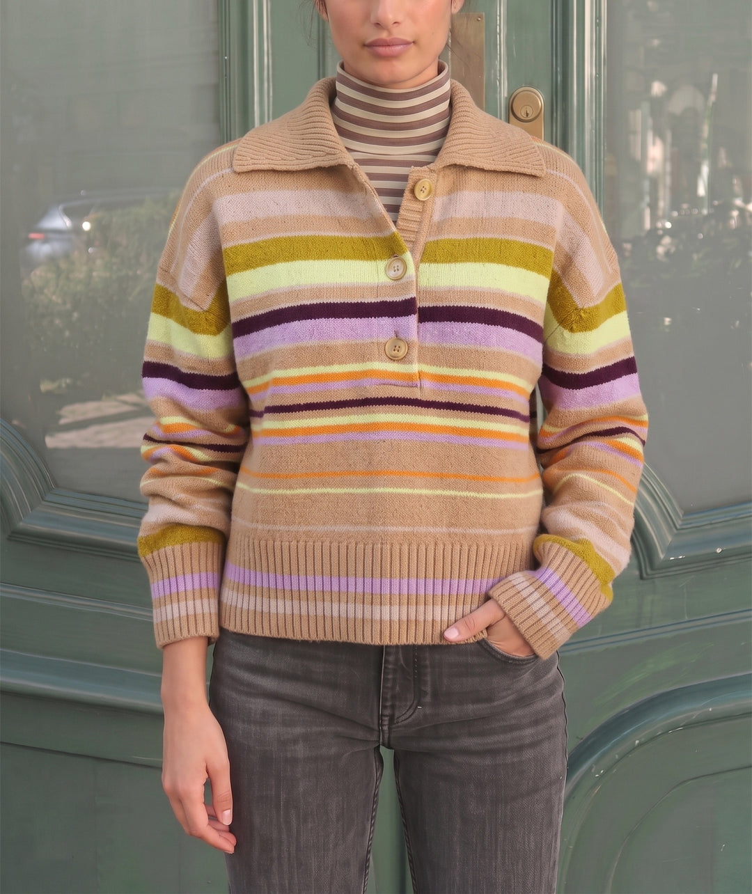Damen Gestreifter Strickpullover mit Polokragen & Knopfleiste Shop Nory