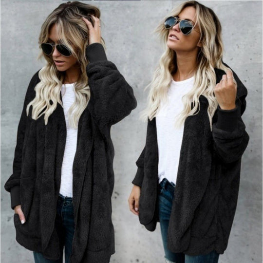 Damen Kuschelige Teddy‑Fleece‑Cardigan mit Kapuze, Oversize‑Schnitt und aufgesetzten Taschen Shop Nory