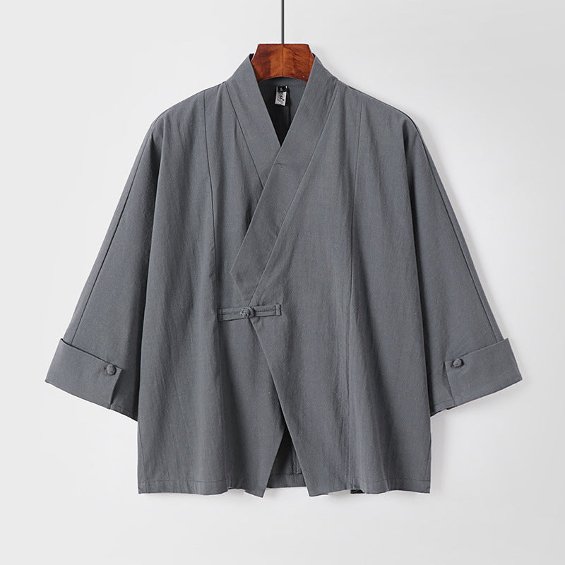 Herren Leinen-Kimono-Jacke mit traditionellem Knotenverschluss und mittel-langen Ärmeln Shop Nory