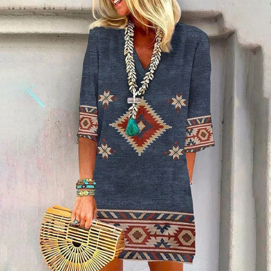 Damen Boho Tunika Kleid mit V-Ausschnitt, 3/4 Ärmeln und geometrischem ethnischem Druck Shop Nory