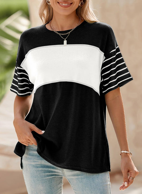 Damen Oversize-Shirt mit Kontrastpaneel, gestreiften Ärmeln und Seitenschlitzen Shop Nory