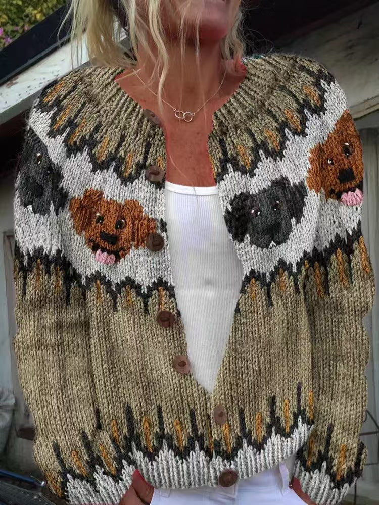 Damen nan gemusterte Strickjacke mit Rundpasse, Holzknöpfen und Eingrifftaschen Shop Nory