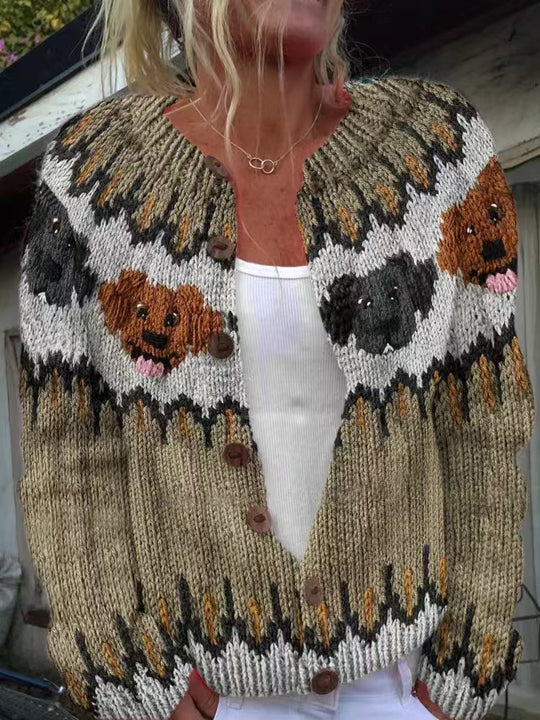 Damen nan gemusterte Strickjacke mit Rundpasse, Holzknöpfen und Eingrifftaschen Shop Nory