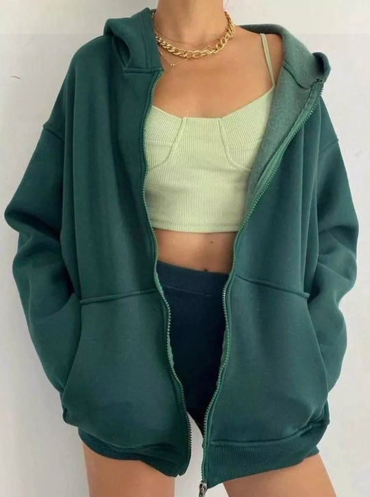 Damen nan minimalistisches French-Terry Zip-Hoodie mit durchgehendem Reißverschluss, Kängurutasche und Daumenloch-Ärmeln Shop Nory