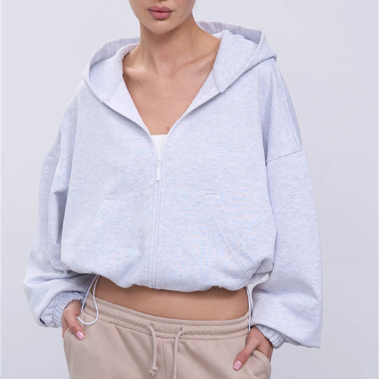 Damen legeres Cropped-Fleece-Hoodie mit Tunnelzugbund, Raglanärmeln und Reißverschluss Shop Nory