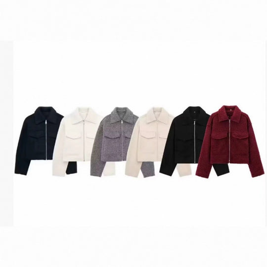 Damen Kurzjacke im Velours‑Optik mit Klapp‑Pattentaschen und durchgehendem Reißverschluss Shop Nory