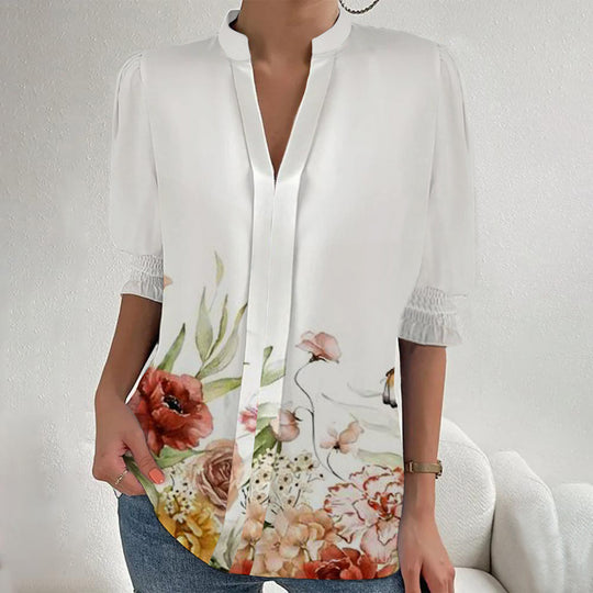 Damen Blumenprint Tunika-Bluse mit Stehkragen, geschlitzter V‑Blende und gerafften 3/4-Ärmeln Shop Nory
