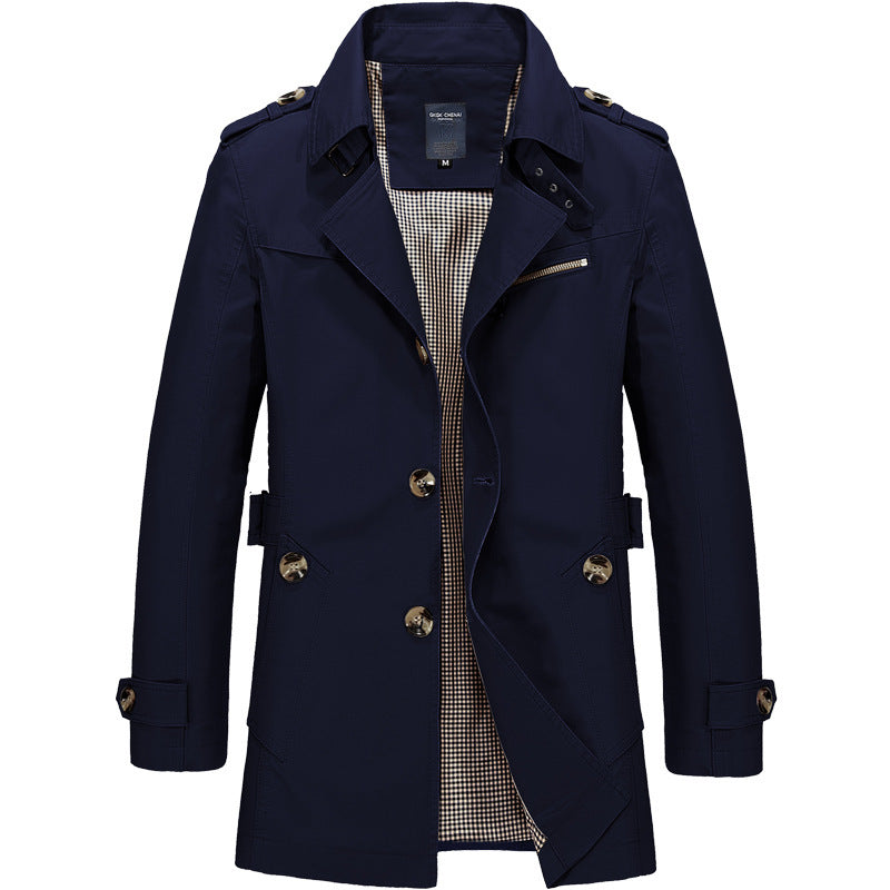 Herren Kurzer Doppelreihiger Trenchcoat mit Reverskragen, Schulterklappen und karierter Innenfütterung Shop Nory