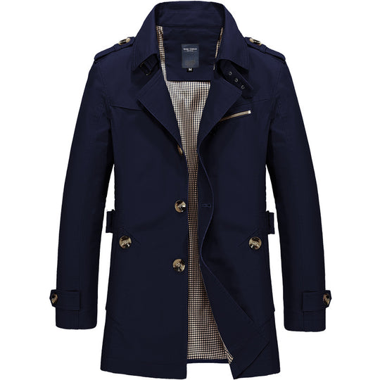 Herren Kurzer Doppelreihiger Trenchcoat mit Reverskragen, Schulterklappen und karierter Innenfütterung Shop Nory